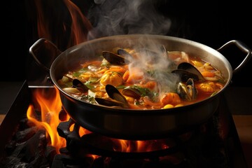 steam rising from pot of bouillabaisse over open flame