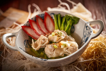 Traditional Thai Noodles with Red Pork and Wonton