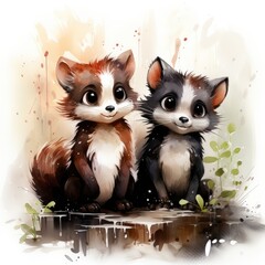Watercolor Clipart on White Background A Cute and Pixar Style Skunk and Kit