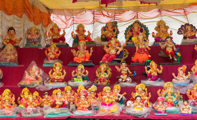 Indian Hindu God Lord Ganesha Statues, Coated with colors and sold for Ganesh Chathurthi