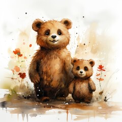 Watercolor Clipart on White Background A Cute and Pixar Style Bear and Cub