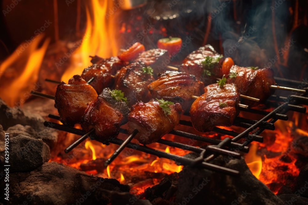 Poster close-up of juicy shashlik pieces, fire and smoke behind