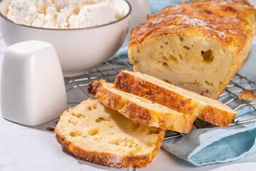 Cottage cheese bread. Trendy curd cheese baking, homemade loaf bread cheese and parmesan, high protein, healthy and keto diet food, non-sweet breakfast baking