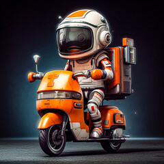 a robot riding a orange motorcycle with backpack and a helmet on