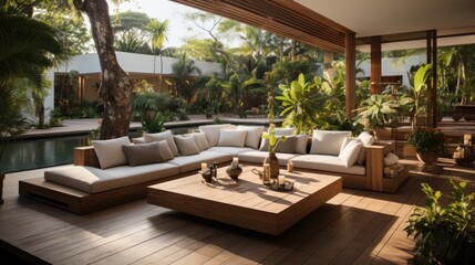 Set of wood table outdoor living room modern style. Generative Ai