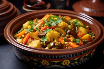 moroccan tagine with couscous and vibrant vegetables