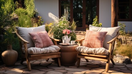 Obraz premium Set of wood table outdoor living in garden home with decor beautiful flowers for modern style