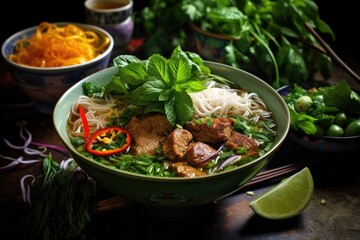 vietnamese pho bowl with fresh herbs - obrazy, fototapety, plakaty