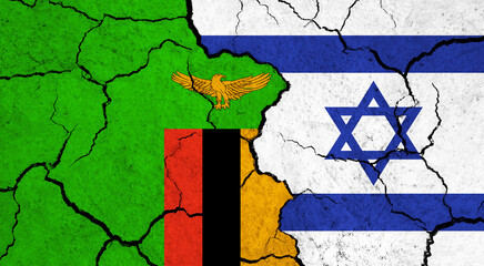 Flags of Zambia and Israel on cracked surface - politics, relationship concept