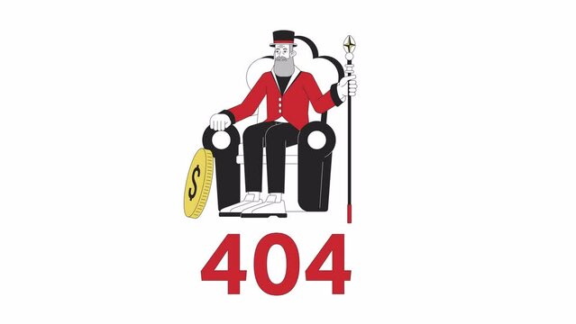Capitalism finances 404 error animation. Capital investment error message gif, motion graphic. Top hat capitalist growing wealth animated cartoon line character 4K video isolated on white background