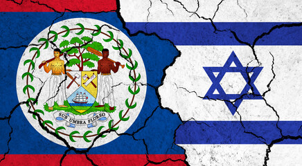 Flags of Belize and Israel on cracked surface - politics, relationship concept