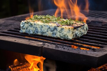 blue cheese sizzling on cedar plank over charcoal grill