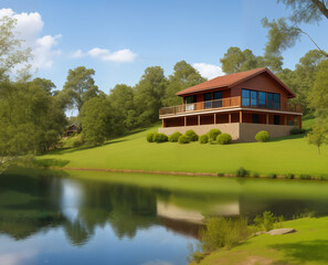 Obraz premium Beautiful wooden house near the river, generative ai. Beautiful natural landscape