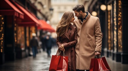 Shopping concept. Midsection of couple with shopping bags in city