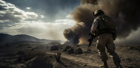 Obraz premium Real soldiers walk on the battlefield