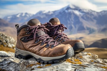 close-up of hiking boots on a rocky path with mountains in the background
