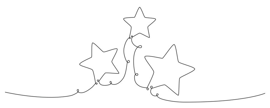 Christmas composition with stars. Hand drawing continues one single line. Vector stock illustration isolated on white background for invitation, card, presentation, frame or border. Editable stroke.