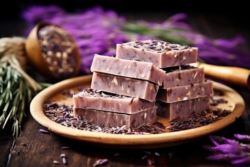 handmade soap bars with dried lavender and oatmeal