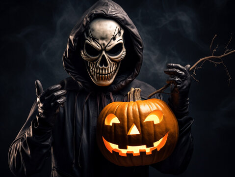 A scary skeleton holds an orange Halloween pumpkin in his hands