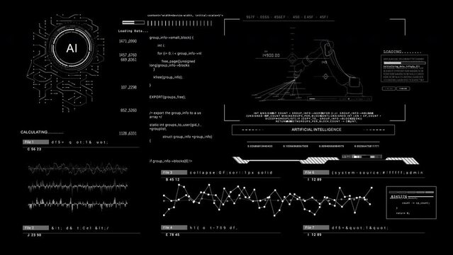Technological UI HUD with Robotic animation with AI Artificial intelligence. Robotics concept. Human head. Sci Fi futuristic animation. 