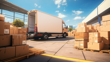Logistics Warehouse outside with Open Door, Delivery Van with Cardboard Boxes.