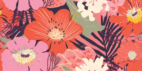 Fototapeten Modern exotic jungle plants illustration pattern. Creative collage contemporary floral seamless pattern. Fashionable template for design. © Eli Berr