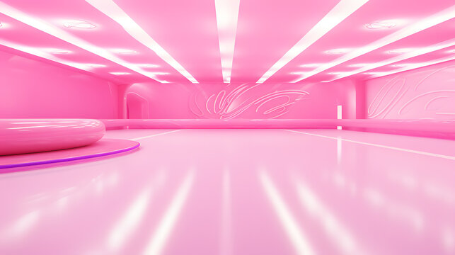 Pink Barbie Retro Roller Skating Rink Surround By Neon Lights And Disco Balls Casting A Colourful Glow