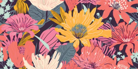 Schilderijen op glas Modern exotic jungle plants illustration pattern. Creative collage contemporary floral seamless pattern. Fashionable template for design. © Eli Berr
