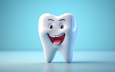 3D Cartoon Tooth on Blue Background - Dental Treatment. Generative Ai