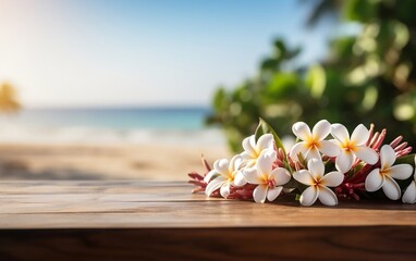 Beachside Serenity Wooden Table with Frangipani on a Summer Beach . Generative Ai