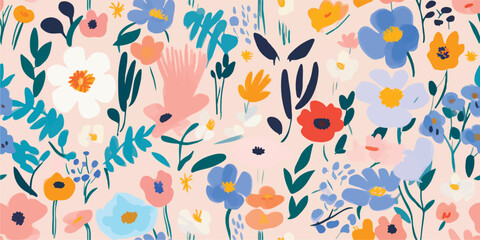 Modern playful print design with naive flowers. Abstract fashionable vector template for your design