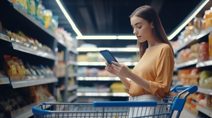 Portrait Of Millennial Woman Holding And Using Smartphone Buying Food Groceries Walking In Supermarket With Trolley Cart.