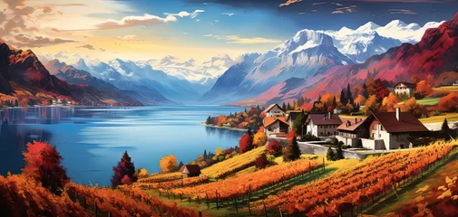 Foto op Canvas painting style illustration of hill top village in Autumn with beautiful nature landscape of snow mountain and lak, Generative ai © QuietWord