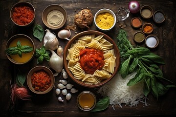 Obraz na płótnie Canvas top view of ingredients for pasta sauce arranged on a table