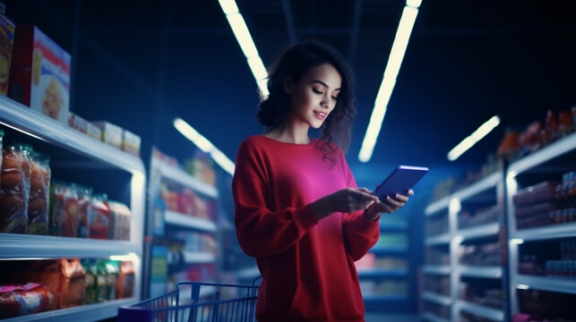 Portrait Of Millennial Woman Holding And Using Smartphone Buying Food Groceries Walking In Supermarket With Trolley Cart.