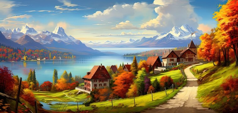 painting style illustration of hill top village in Autumn with beautiful nature landscape of snow mountain and lak, Generative ai