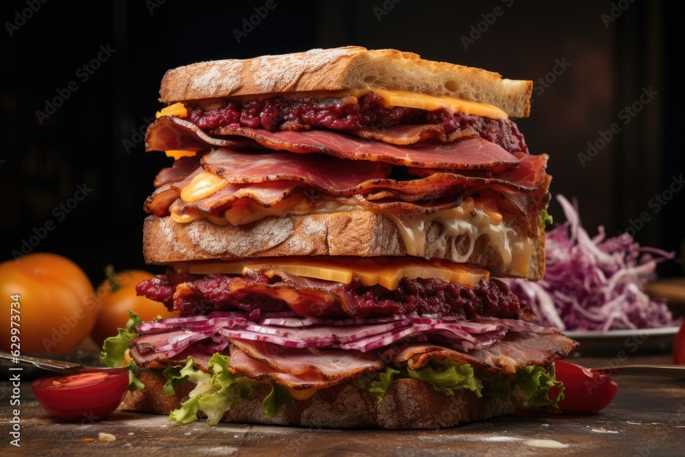 Poster close-up of stacked sandwich with detailed textures