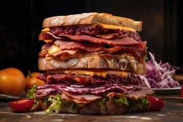 close-up of stacked sandwich with detailed textures