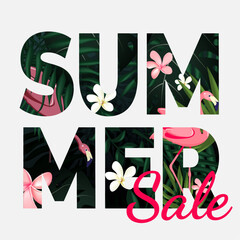 poster with text summer time and green tropical leaves. poster for summer sale with text inside which leaves, flamingos and flowers