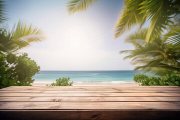 A wooden deck overlooking the calm waters of a tropical paradise, with an inviting table and chairs perfect for outdoor living. Generative AI.