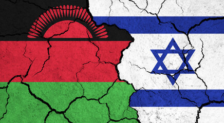 Flags of Malawi and Israel on cracked surface - politics, relationship concept