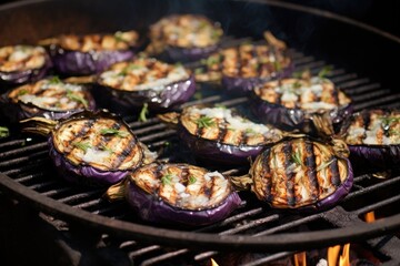 eggplants grilling on a charcoal barbecue - obrazy, fototapety, plakaty