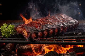 charred bbq ribs on a grill with smoke around