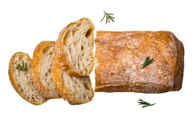 Italian ciabatta bread cut in slices cut out on transparent background - obrazy, fototapety, plakaty