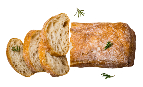 Italian ciabatta bread cut in slices cut out on transparent background