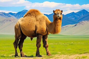 Bactrian Camel Walking in the Mongolian Steppe - A Scenic View of the Desert Outdoors with Greenery in the East: Generative AI