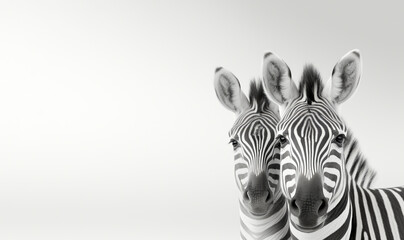 Fototapeta na wymiar Two zebras embracing.A serene moment in a Zebra herd as two family members rest their heads on each other. striped cape donkey in the white sky with copy space