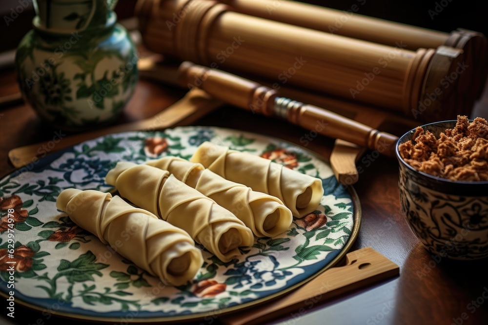 Sticker handmade dumpling wrappers with rolling pin nearby