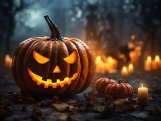 Round orange scary smiling Halloween pumpkin and burning candles in a gloomy dark forest