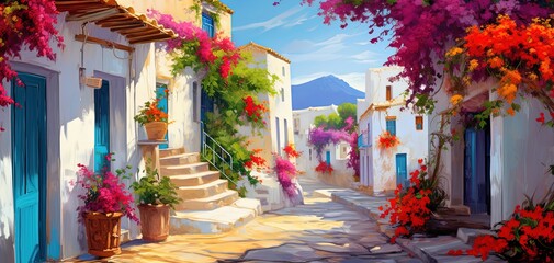 painting style illustration of beautiful hill top village house with pink  flower blossoming, Generative Ai